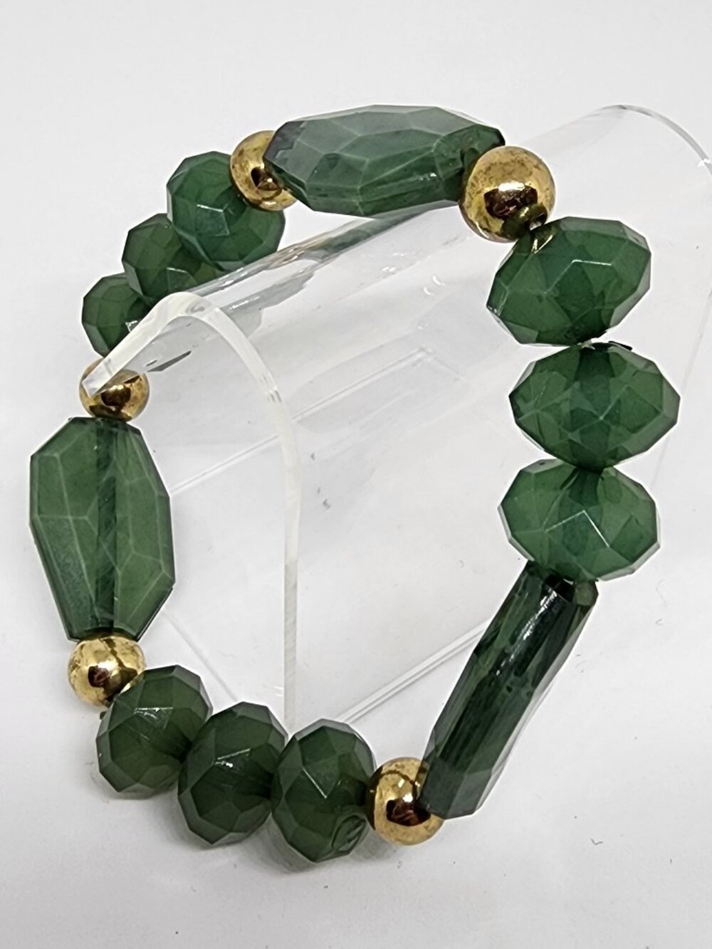 Moss Green Bead Stretch Gold Bead Accent Bracelet - One Size Fits All